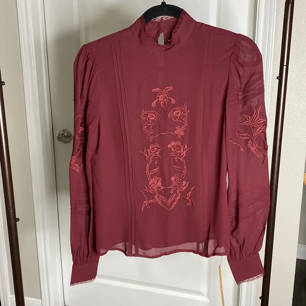 Reformation Burgundy Embroidered High-Neck Blouse